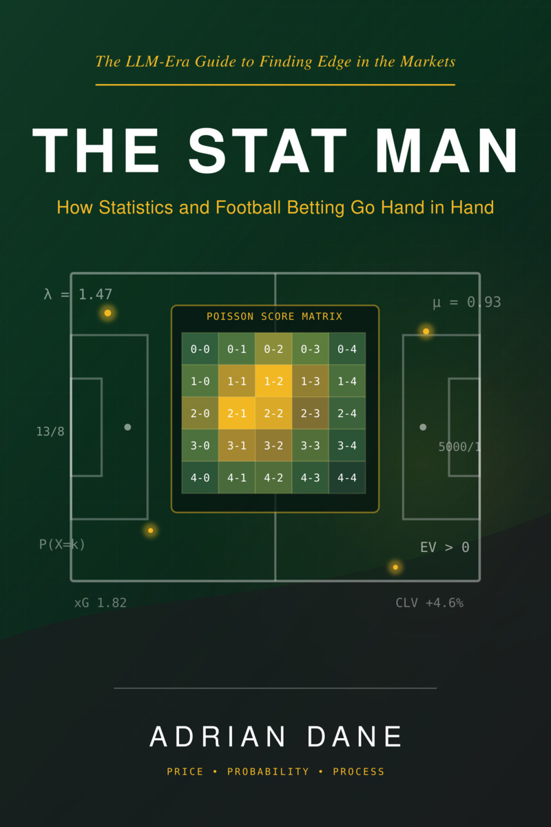 The Stat Man book cover: a dark green football pitch with a Poisson score matrix at its centre